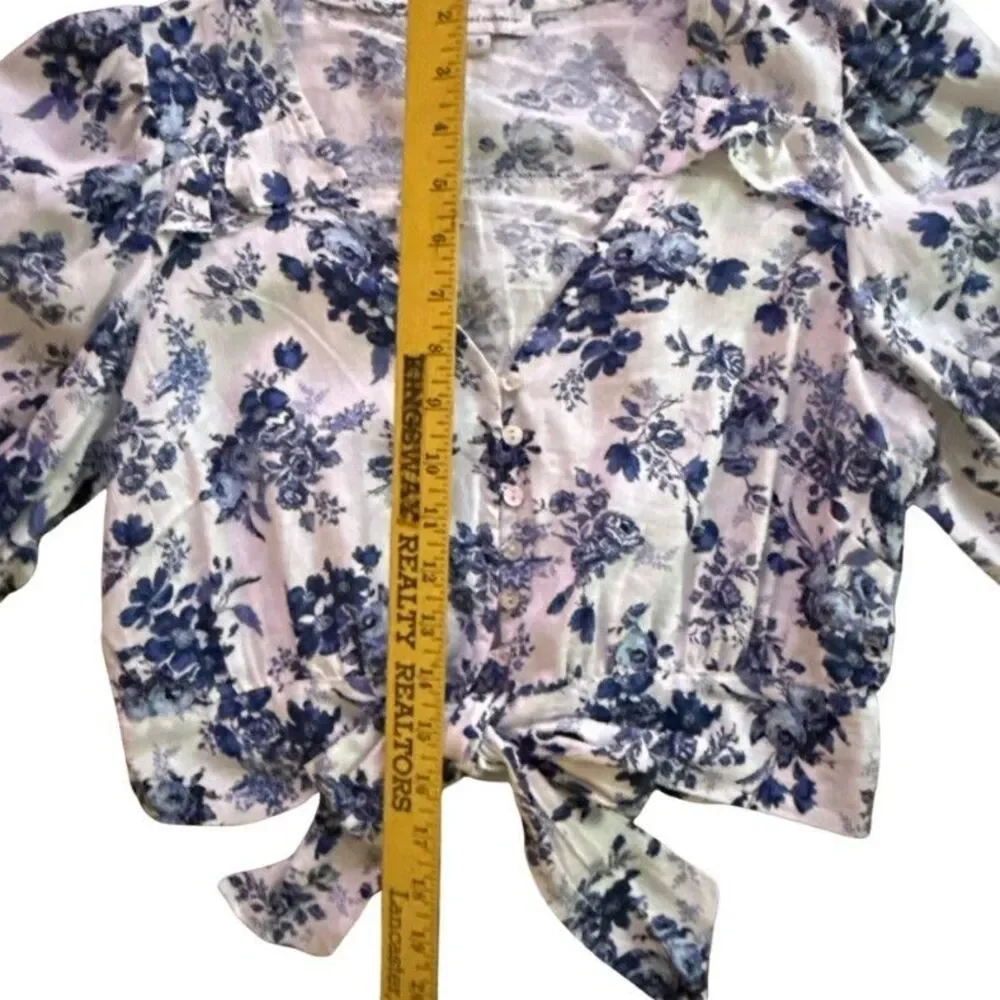 Cupcakes & Cashmere Jerome Cropped Linen Top Womens Sz S Blue Toile Puff Sleeve